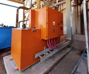 A recently installed LRS unit positioned on-site within a mining environment, connected to a high‑power Slip Ring Motor system. The enclosure and cabling appear fully mounted, with the RotorProtek protection and control architecture integrated into the start-up circuit for stable and controlled motor torque